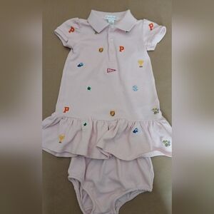 Ralph Lauren Baby Girl Pink Cotton Mesh Polo Dress Bloomers 12M